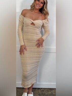 Off-Shoulder Cream Knit Long Sleeve Midi Dress